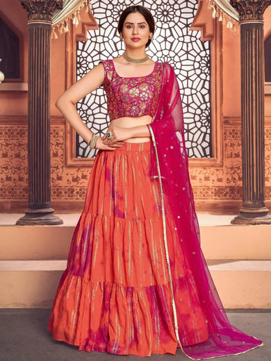 Orange Shibori Printed Cotton Party Wear Lehenga Choli